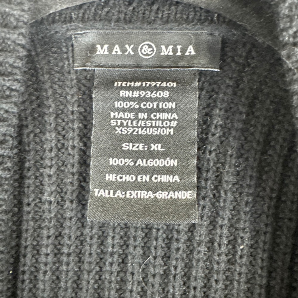 Max & Mia Cardigan Women XL Black 100% Cotton Shaker Knit Open Front (1620) - Picture 3 of 11